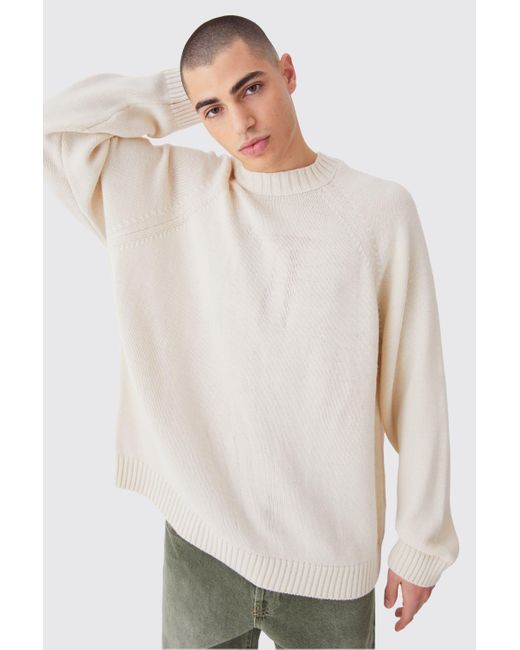 BoohooMAN White Oversized Raglan Knitted Woven Label Jumper for men