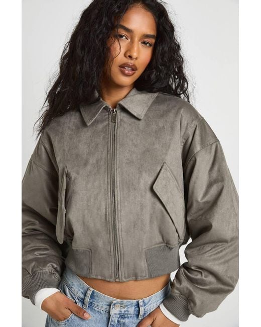 Boohoo Gray Faux Suede Bomber Jacket