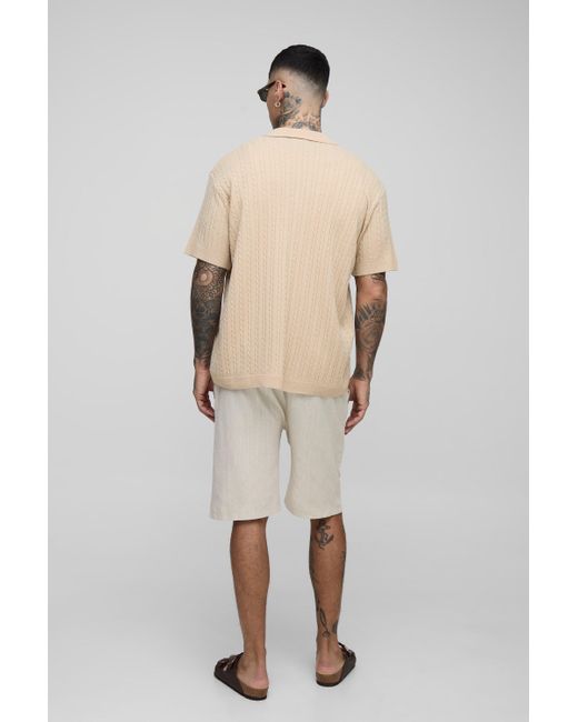 Boohoo Natural Tall Oversized Boxy Short Sleeve Revere Cable Knit Shirt