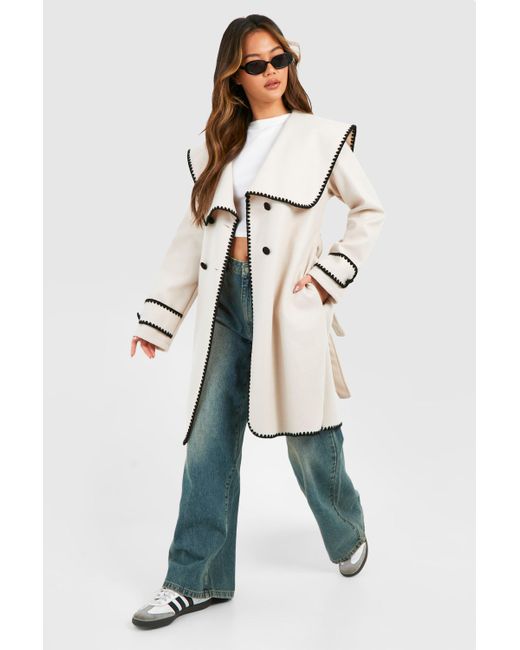 Boohoo Natural Blanket Stitch Belted Wool Look Coat