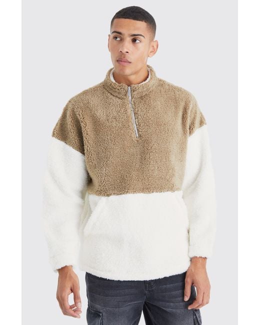 BoohooMAN White Oversized 1/4 Zip Boucle Borg Colour Block Sweatshirt for men