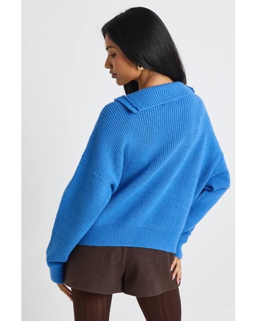 Boohoo Blue Super Soft Asymmetric Button High Neck Jumper