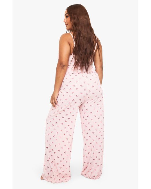 Boohoo Pink Plus Cherry Print Lace Trim Cami Top & Trousers Pyjama Set