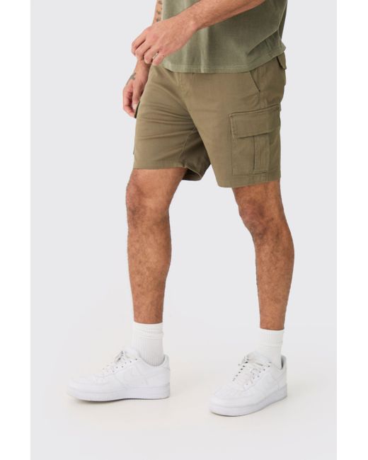 BoohooMAN Elastic Waist Khaki Slim Fit Cargo Shorts in Natural für Herren