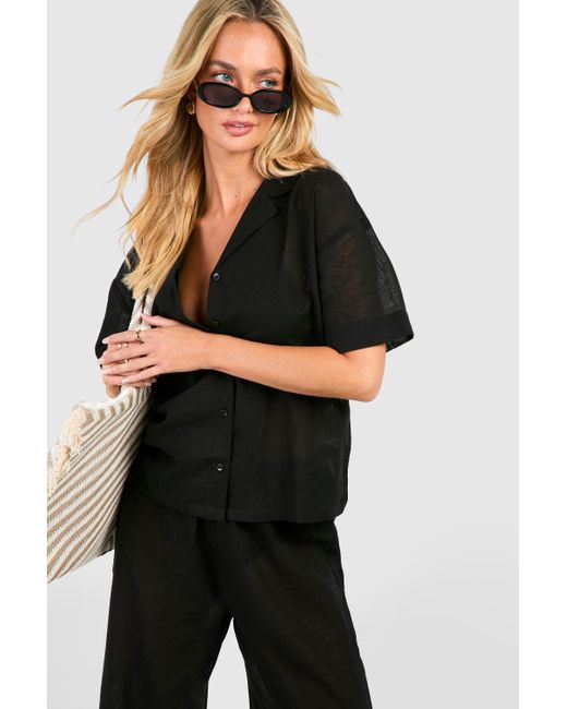 Linen Look Button Shirt & Trouser Beach Co-Ord Boohoo de color Black