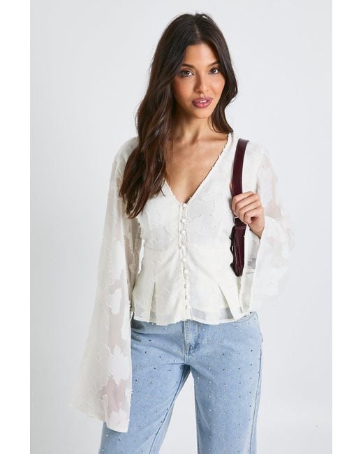 Boohoo White Floral Textured Button Down Blouse