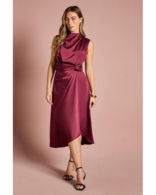 coast red satin dress Women's Off Shoulder Satin Side Tie Midi Dress, Rust