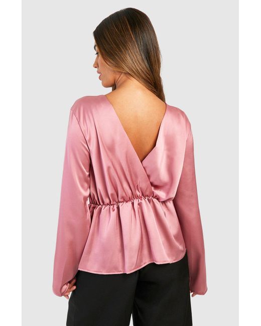 Boohoo Pink Satin Pleat Front Wrap Back Blouse