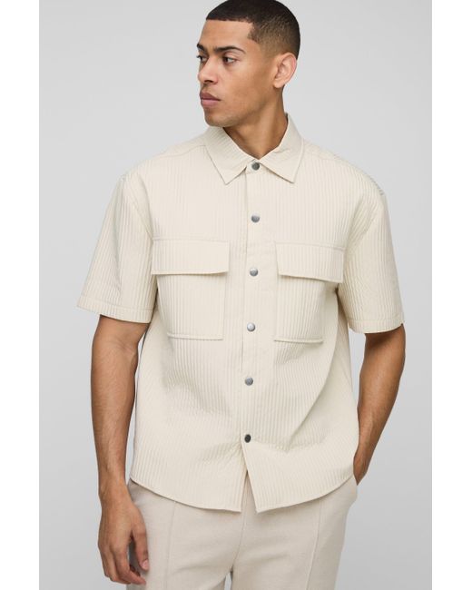 BoohooMAN Oversize Hemd mit Cargo-Taschen in Natural für Herren