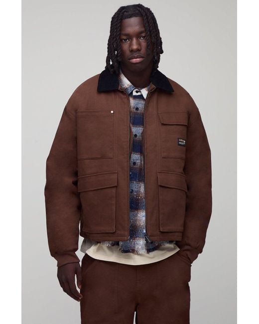 BoohooMAN Brown Oversized Boxy Overdyed Cargo Quilted Jean Jacket for men