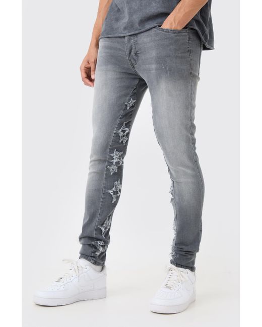 Boohoo Blue Skinny Stretch Overdyed Applique Gusset Jeans In Grey