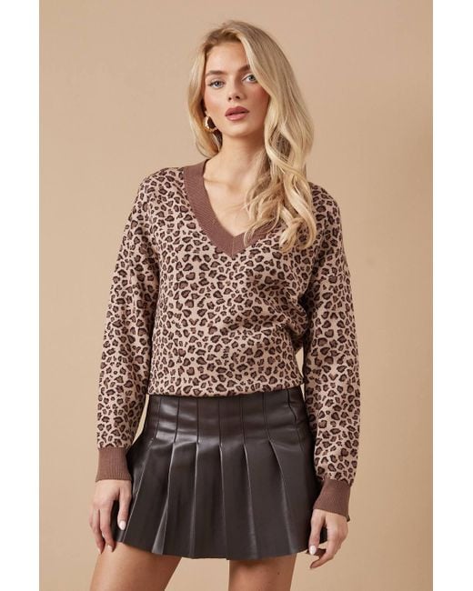 Oasis Brown Leopard V Neck Sweater