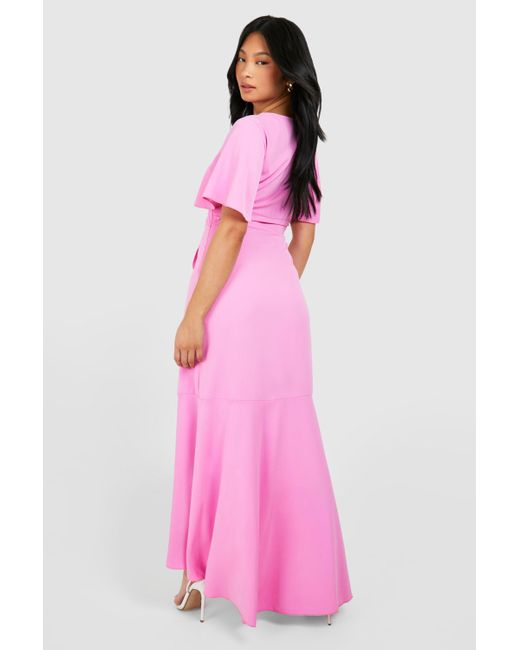 Boohoo Pink Petite Angel Sleeve Wrap Front Satin Maxi Dress