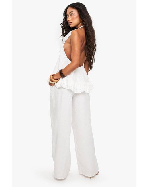 Boohoo White Woven Crinkle Seam Detail Wide Leg Trouser