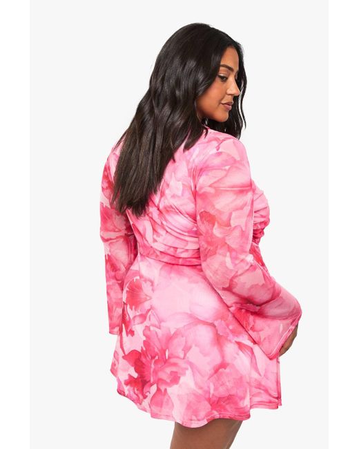 Boohoo Pink Plus Floral Mesh Wrap Mini Dress