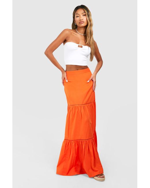 Boohoo Orange Cotton Crochet Trim Maxi Skirt