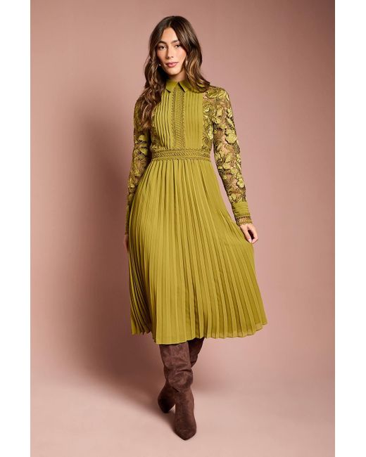 Coast Yellow Long Sleeve Lace And Pleated Midi Shirt Dress
