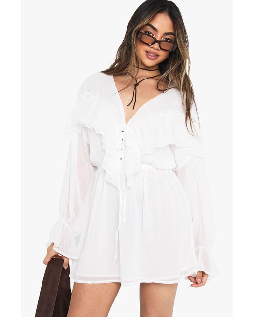 Boohoo White Crinkle Chiffon Ruffle Long Sleeve Mini Dress