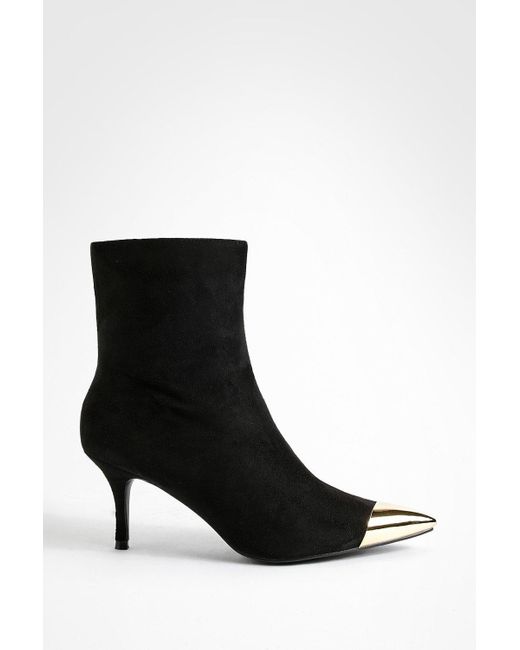 Boohoo Black Metal Toe Cap Low Stiletto Pointed Toe Ankle Boots
