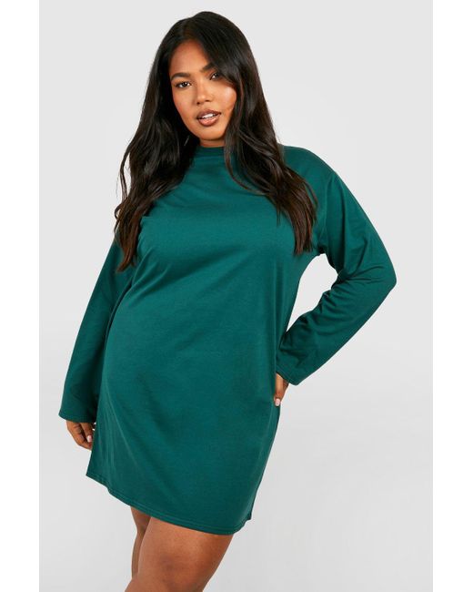 Boohoo Plus Cotton Long Sleeve Dipped Hem T-shirt Dress in Green | Lyst UK