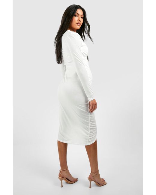 Boohoo White Maternity Long Sleeve Slinky V Neck Midi Dress