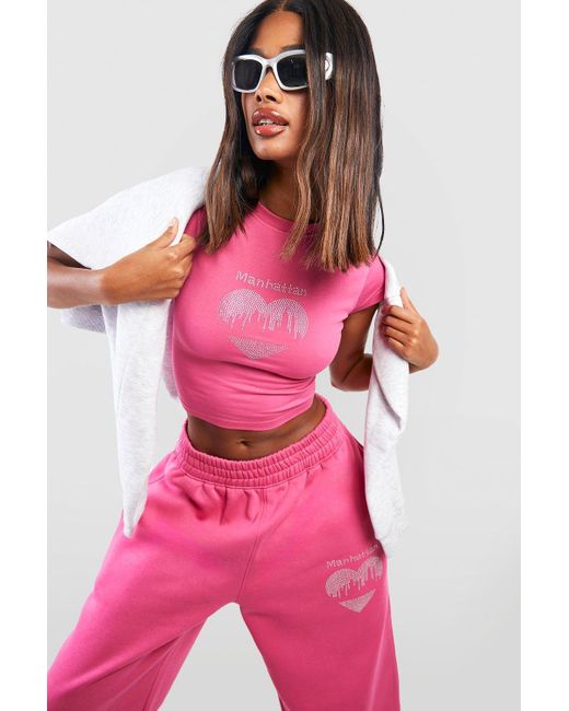 Boohoo Pink New York Diamante T-shirt And Jogger Set
