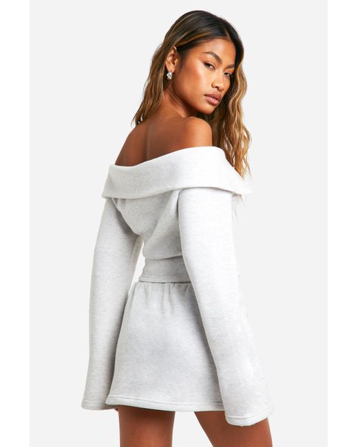Boohoo White Bardot Off The Shoulder Zip Through Sweatshirt And Skirt Set