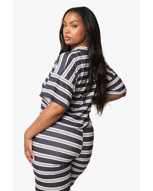 Boohoo Blue Plus Stripe Collared Top