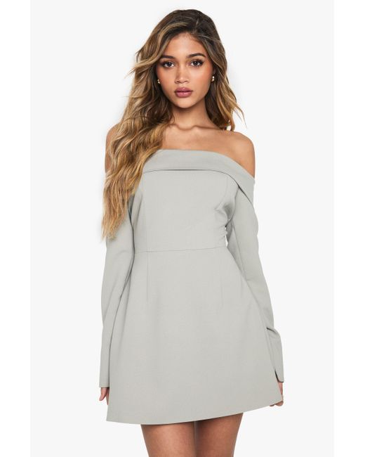 Boohoo White Tailored Bardot Structured Skater Mini Dress