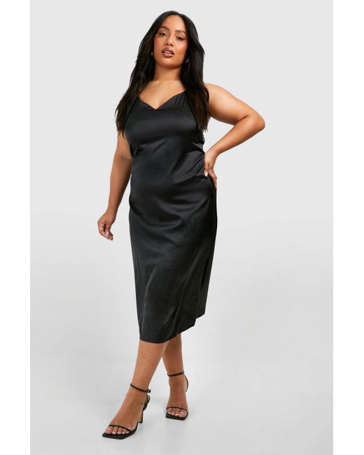 Boohoo Black Plus Satin V Neck Split Midi Dress