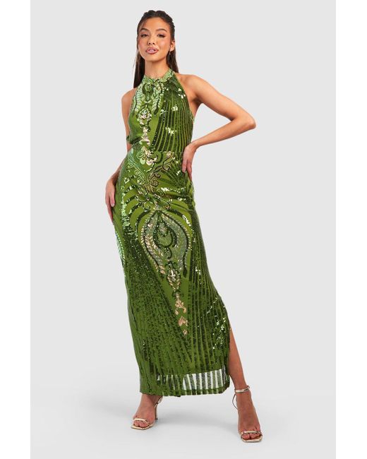 Boohoo Green Damask Sequin High Neck Maxi Dress