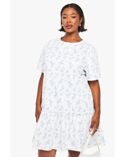 Boohoo White Plus Ditsy Drop Hem Smock Dress