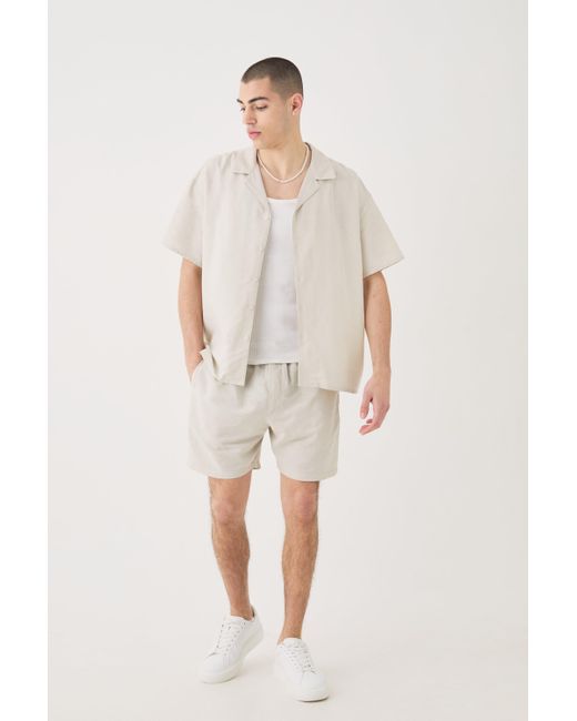 BoohooMAN Short Sleeve Boxy Linen Shirt & Short in Natural für Herren