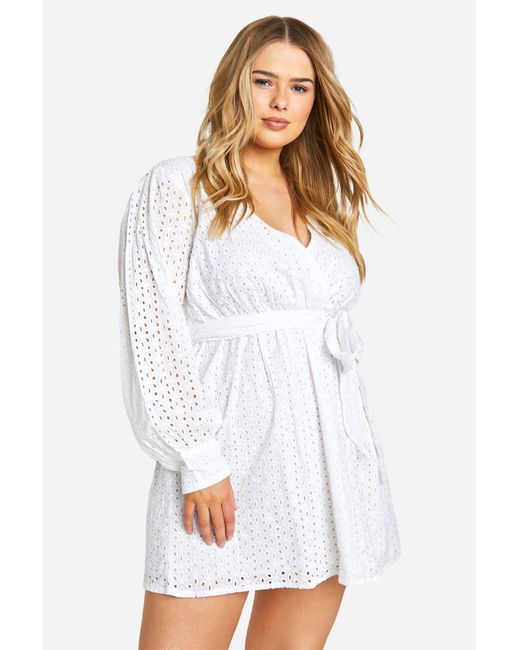 Boohoo White Plus Woven Broderie Tie Waist Long Sleeve Mini Dress