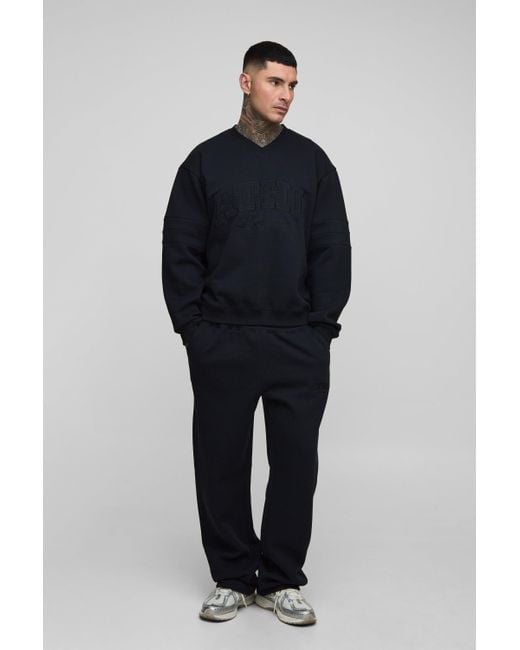 BoohooMAN Blue Tall Oversized Boxy V-Neck Varsity Applique Sweatshirt Tracksuit for men