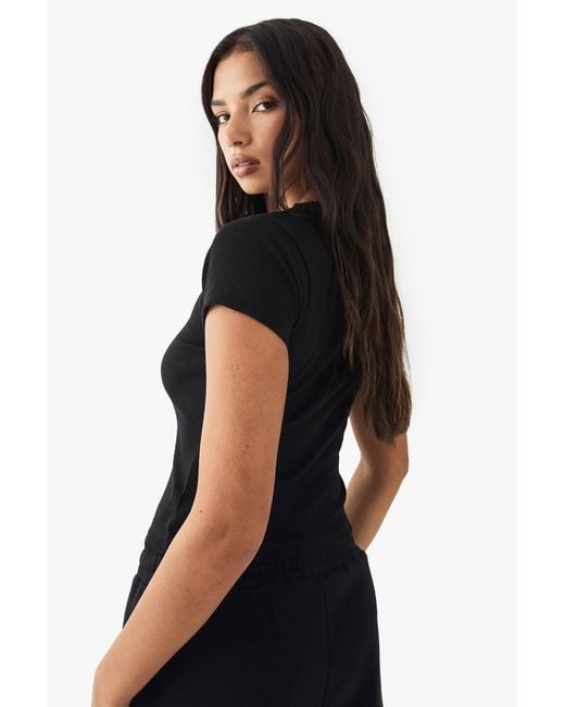 DSGN Studio Black Square Script Embroidered Rib Fitted Button Through Top
