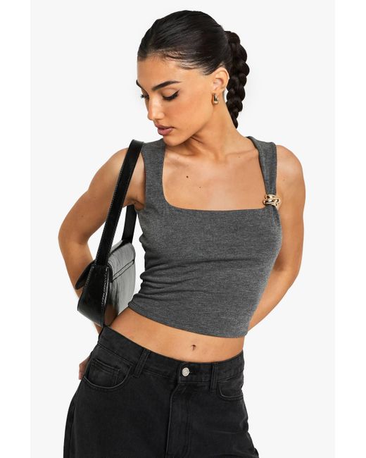 Boohoo Black Marl Square Neck Trim Detail Top