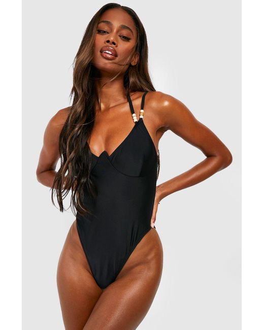 Boohoo Wooden Bead Strap Detail Underwired Bathing Suit in Black Lyst