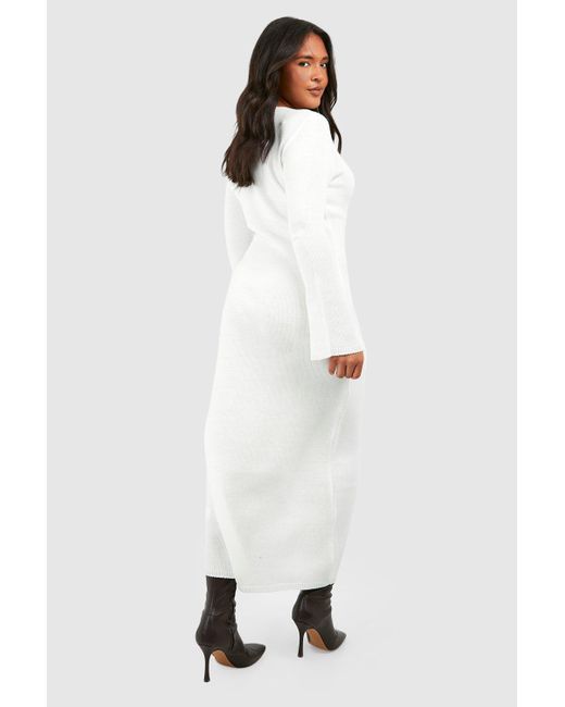 Boohoo White Plus Crew Neck Flare Sleeve Knitted Midaxi Dress