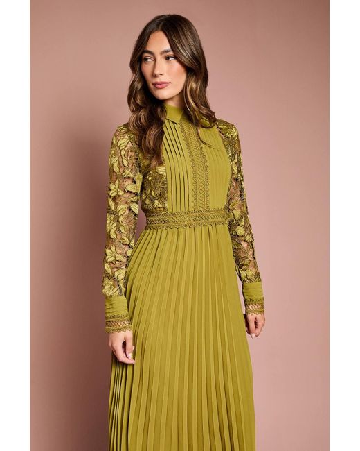 Coast Yellow Long Sleeve Lace And Pleated Midi Shirt Dress
