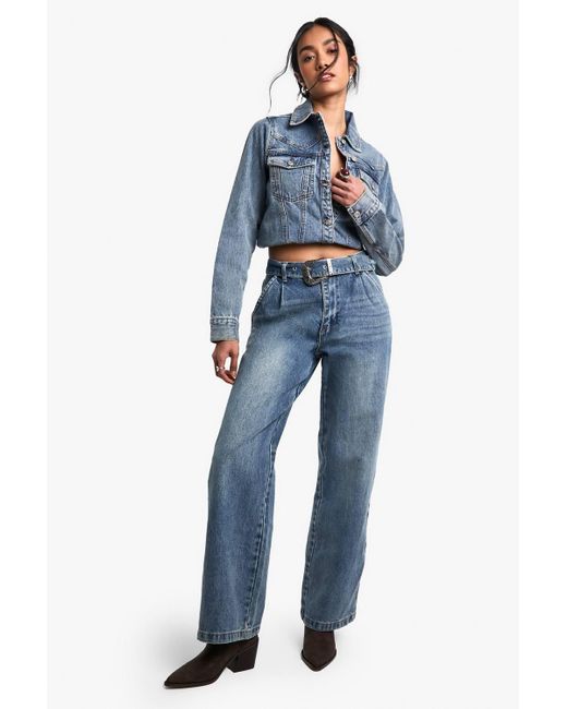 Boohoo Blue Western Buckle Detail Jean