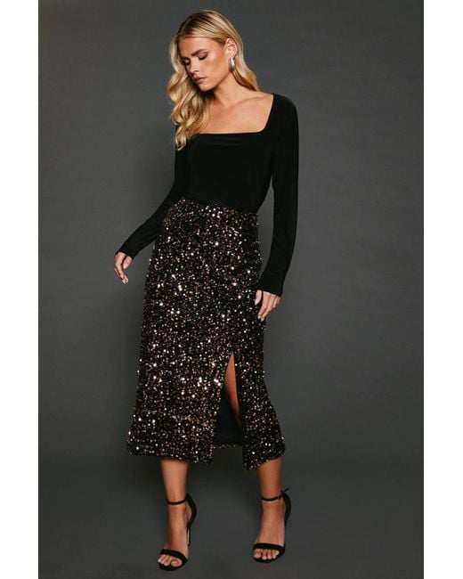 Dorothy Perkins Women's Black Petite Velvet Sequin Midi Skirt