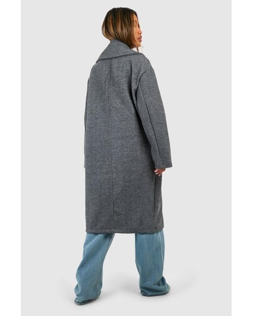 Boohoo Gray Herringbone Dropped Shoulder Oversized Midaxi Wool Look Coat