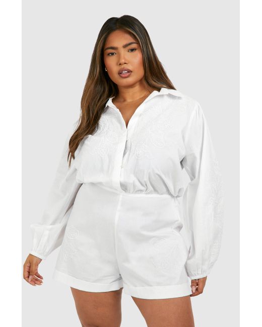 Boohoo White Plus Woven Embroidery Detail Long Sleeve Romper