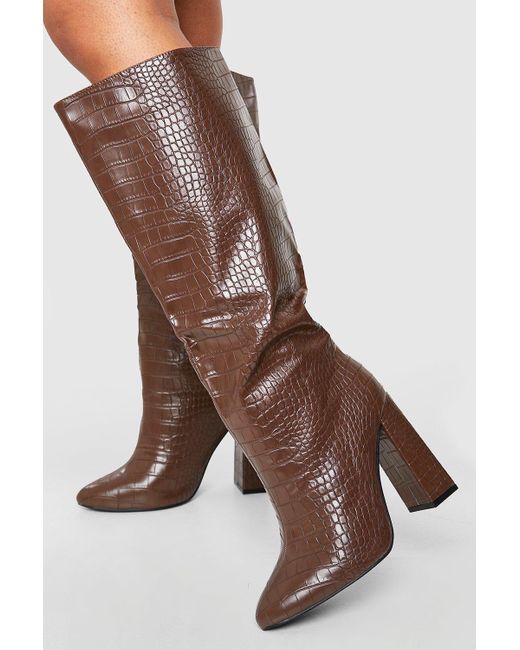 Boohoo Wide Width Knee High Block Heel Croc Boots in Brown | Lyst Canada