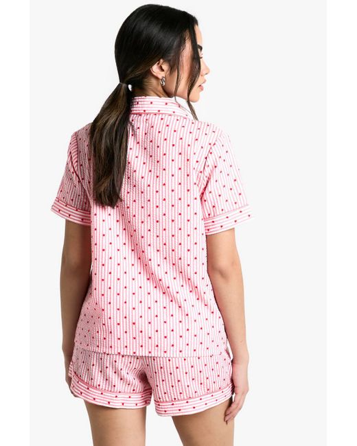 Boohoo Pink Heart Stripe Shirt & Short Pyjama Set