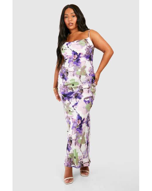 Plus Floralprinted Satin Maxi Dress Boohoo de color Purple