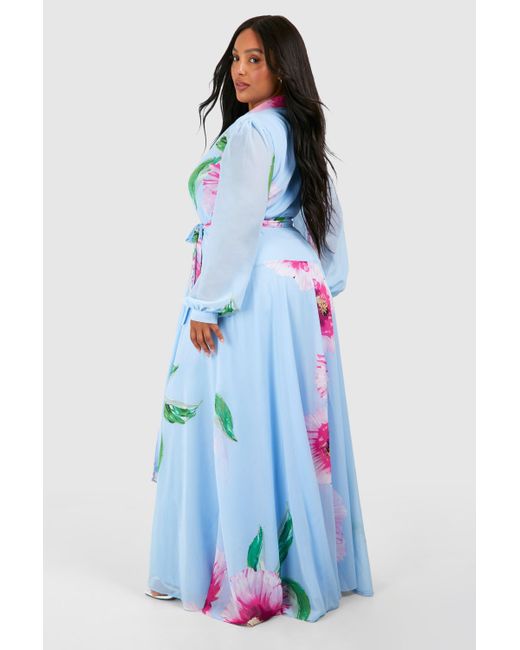 Boohoo White Plus Floral Print Long Sleeve Wrap Maxi Dress