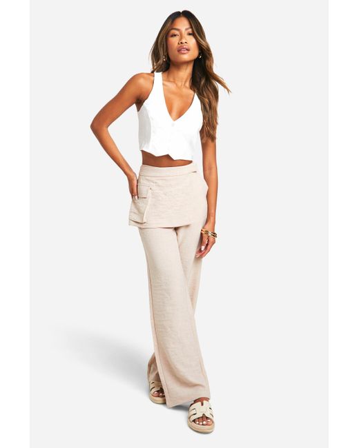Boohoo Natural Textured Straight Leg Trouser With Skirt Overlay