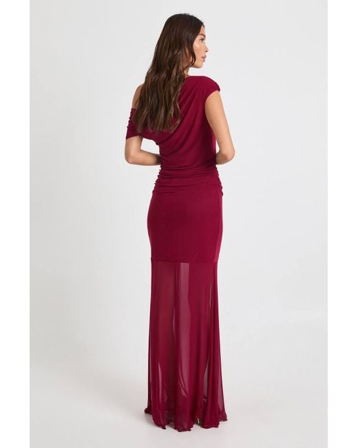 Boohoo Red Asymmetric Trim Mesh Maxi Dress